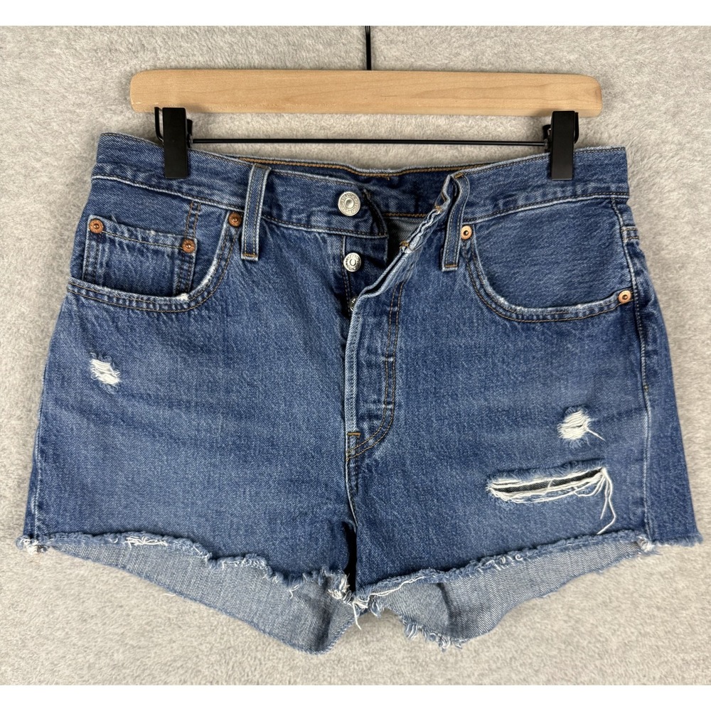 Levis 501 Shorts Womens 29 Blue Distressed Denim High Rise Button Fly Raw Hem